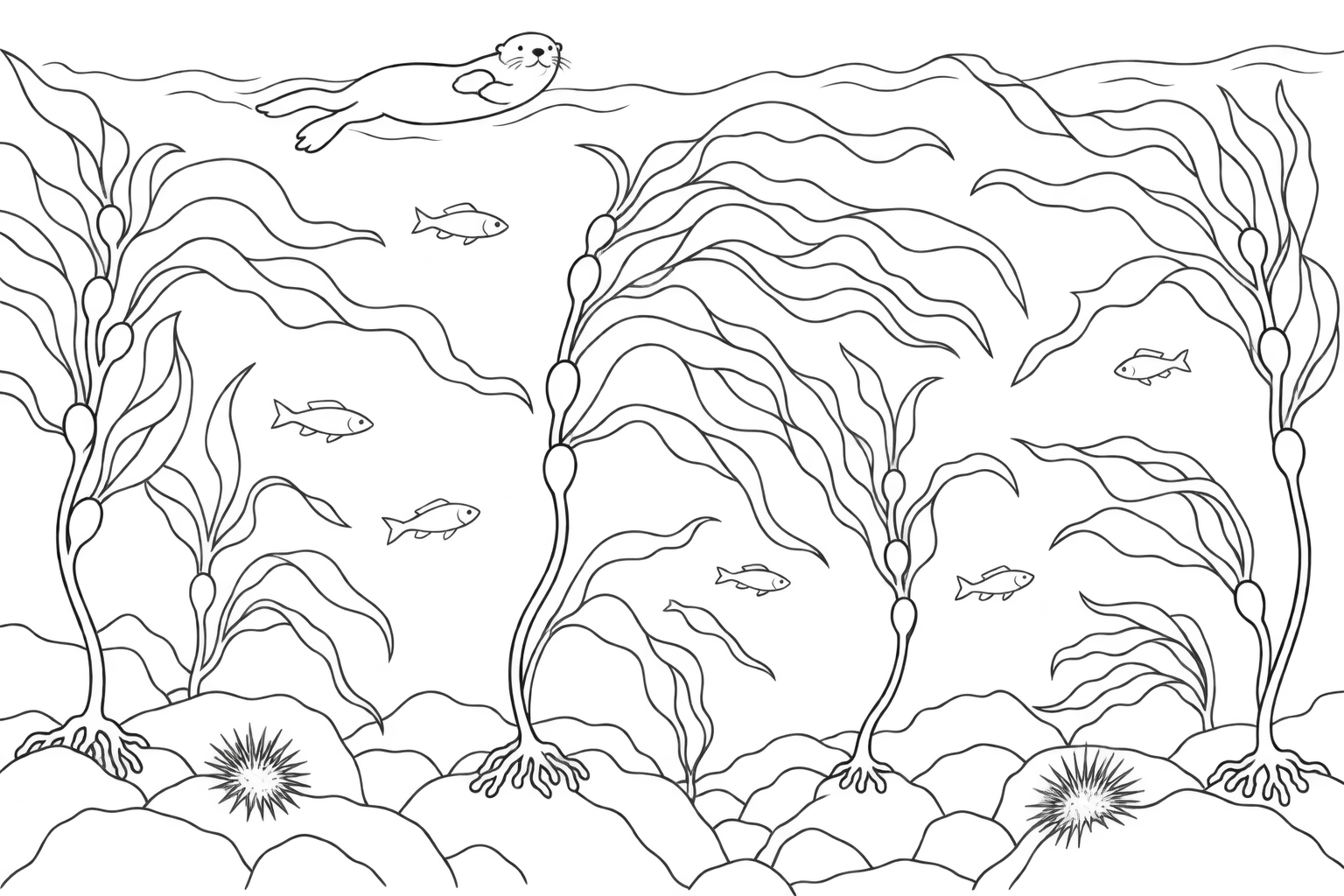 Kelp forest colouring-page illustration to draw and colour over